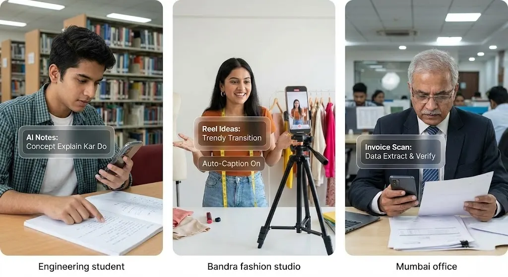 Everyday Indians (student, creator, professional) maximizing on device AI phones 2026 for education, content creation, and business productivity gains.