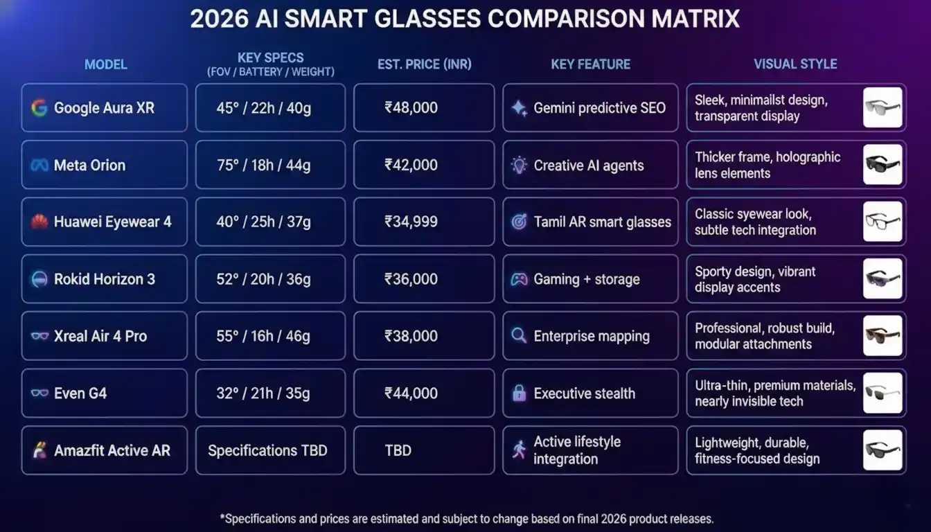 Top 7 AI smart glasses 2026 models compared including AR smart glasses specs and pricing.