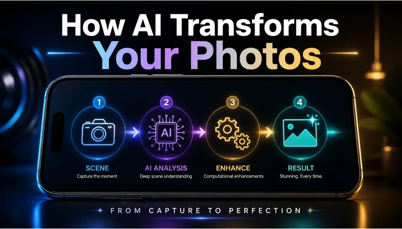 Overview diagram of smartphone camera AI 2026 processing a photo from capture to final output.