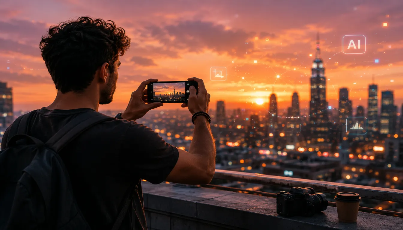 Person using smartphone camera AI 2026 at sunset, capturing cinematic city photos with computational photo tips