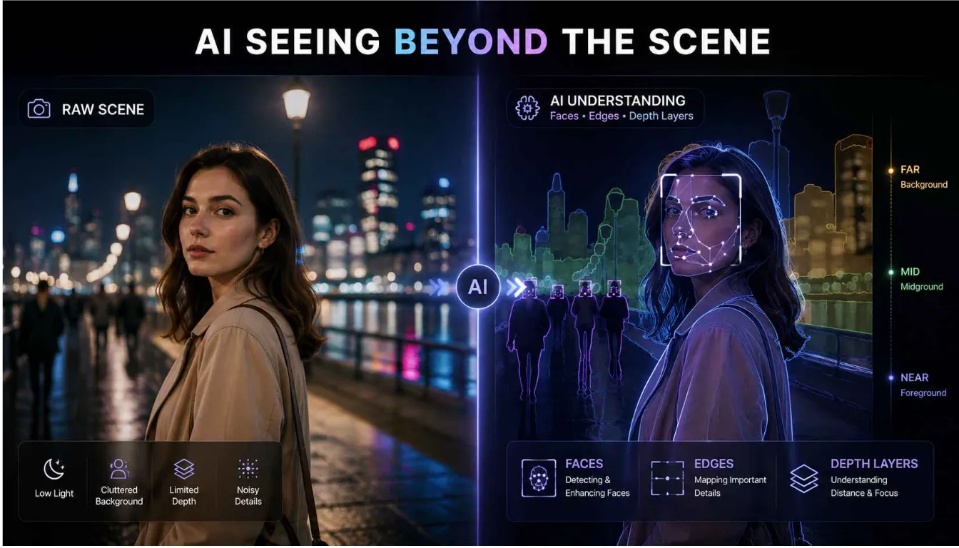 Smartphone camera AI 2026 identifying faces and depth layers inside a real-world scene