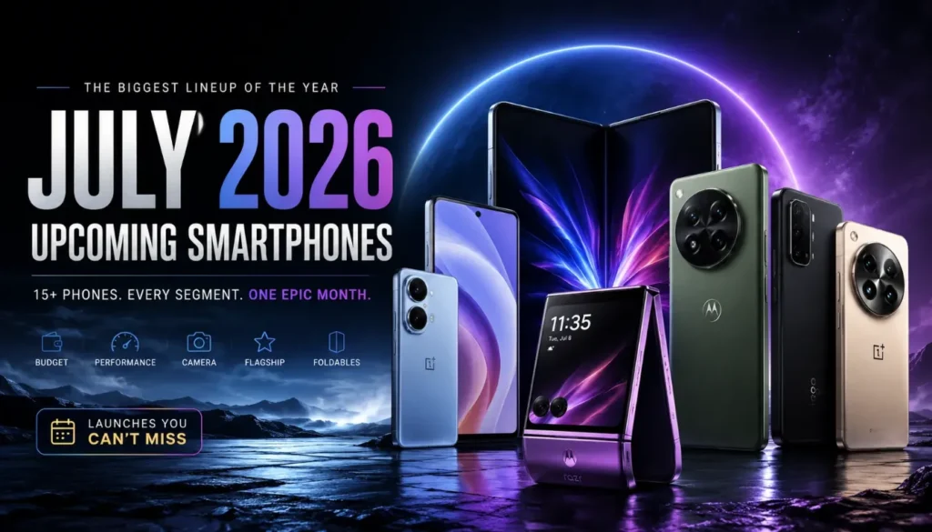 Upcoming flagship phones July 2026 including foldable and bar style devices with 5G and AI features
