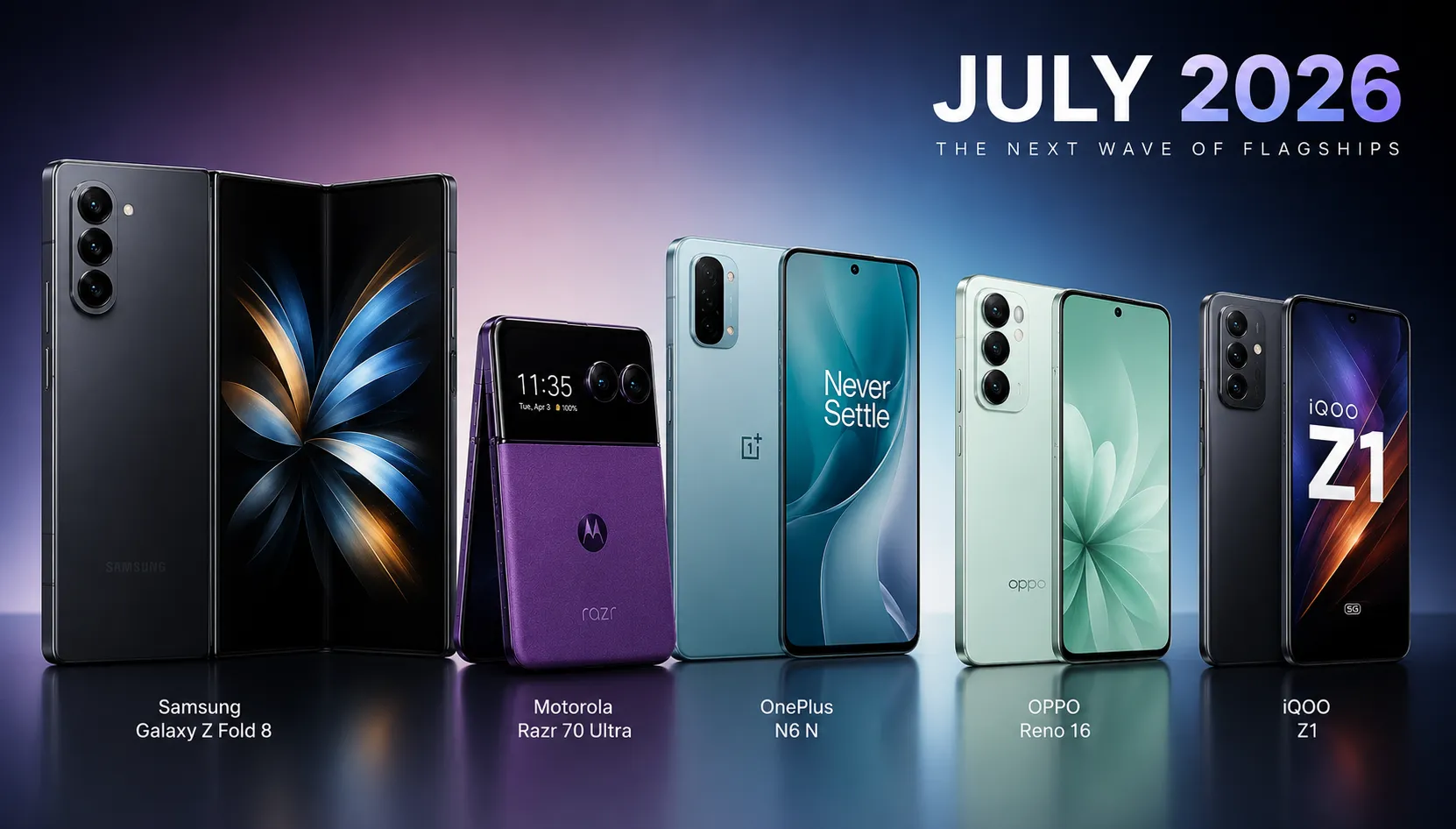Best upcoming flagship phones July 2026 including Samsung Galaxy Z Fold 8, Galaxy Z Flip 8, Motorola Razr 70 Ultra, OnePlus N6 and OPPO Reno 16 across budget and ultra premium segments