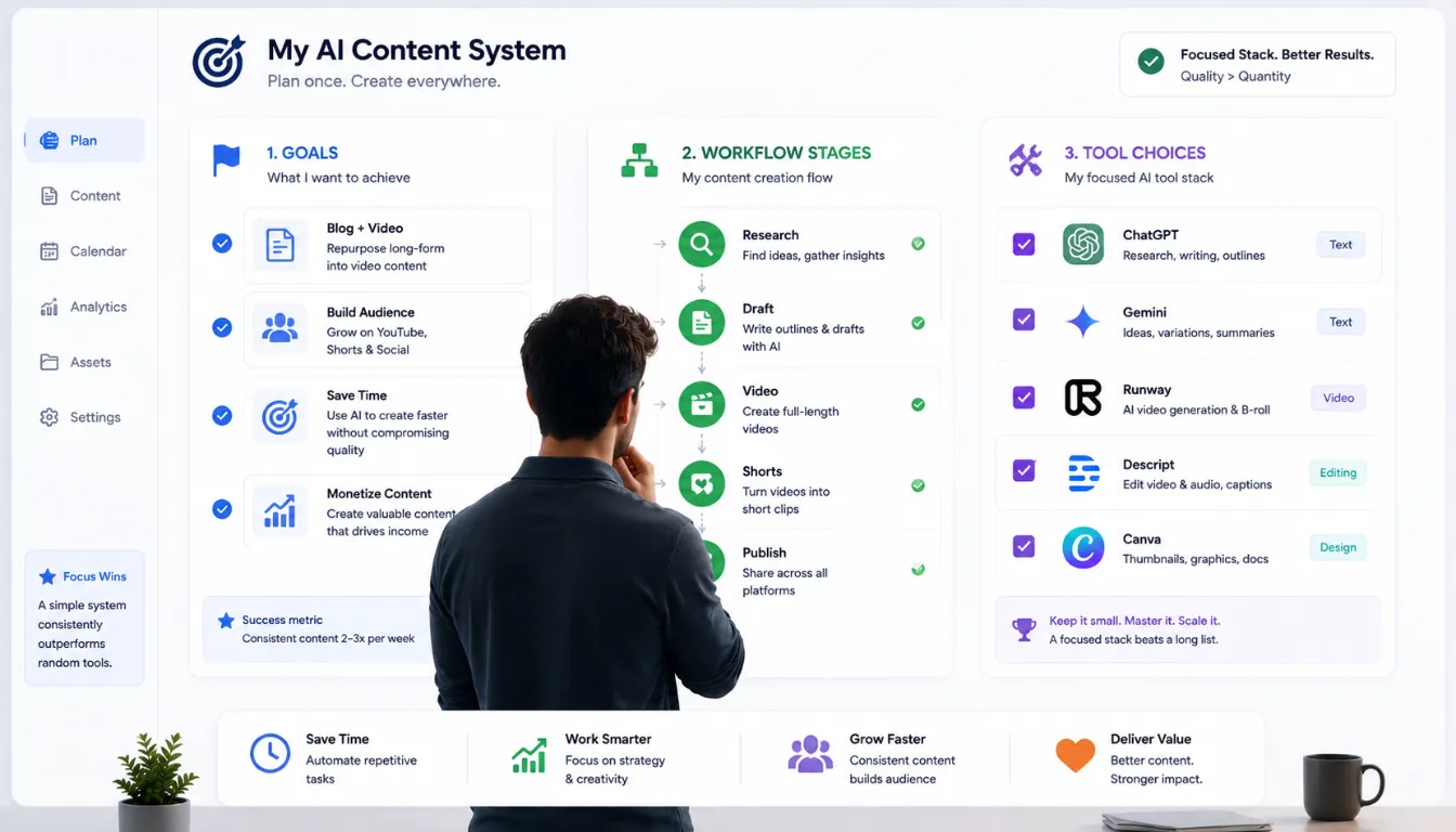 Multimodal AI Content Creation: 9 Tools for Video, Images & Docs in 2026 9 Creator reviewing a checklist of goals, workflow stages, and AI tools to choose the right multimodal AI content creation stack for video and docs.