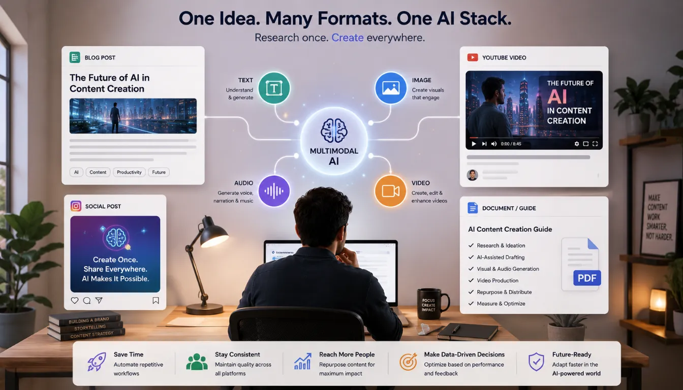 Multimodal AI Content Creation: 9 Tools for Video, Images & Docs in 2026 10 Creator reviewing a unified workflow where multimodal AI content creation connects text, video, social posts, and documents into one integrated stack for 2026.