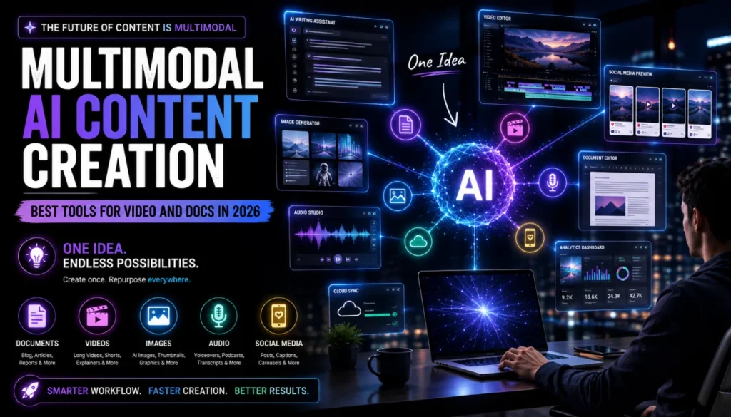 Multimodal AI Content Creation: 9 Tools for Video, Images & Docs in 2026 2 Creator using multimodal AI content creation tools for video and docs to manage blog, social, and document workflows in a single workspace.