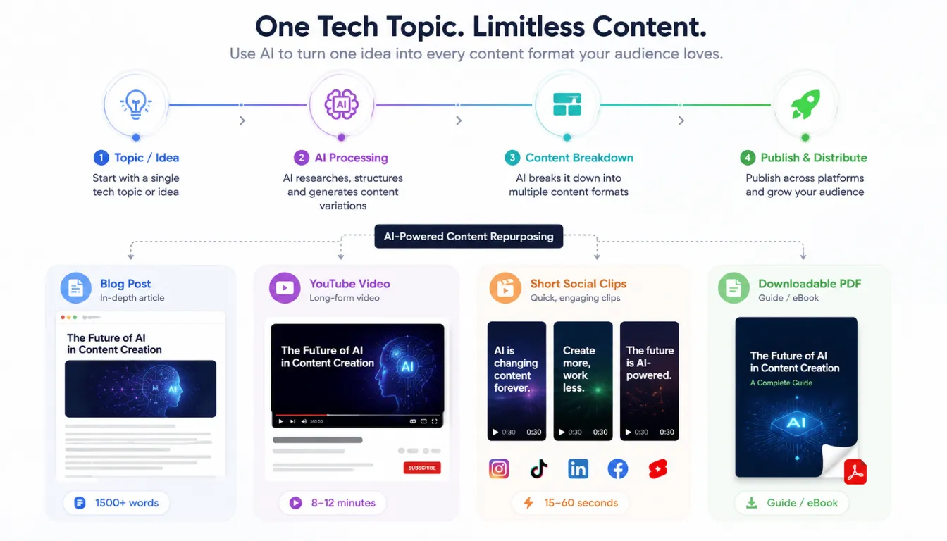 Multimodal AI Content Creation: 9 Tools for Video, Images & Docs in 2026 4 Diagram illustrating how multimodal AI processes text, images, audio, video, and documents to generate multi‑format content.