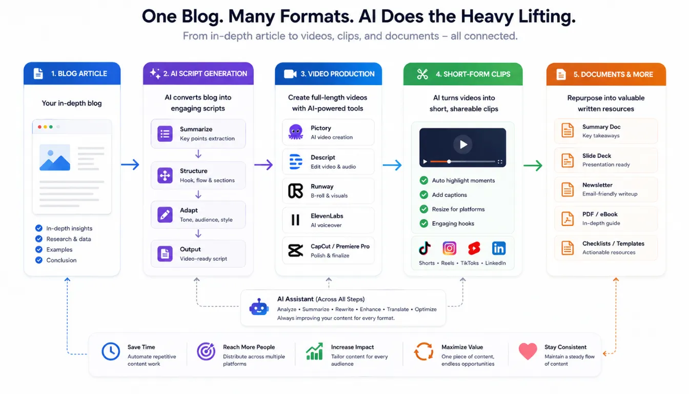 Multimodal AI Content Creation: 9 Tools for Video, Images & Docs in 2026 7 Flowchart showing how creators use multimodal AI to turn one article into video, short clips, and documentation.
