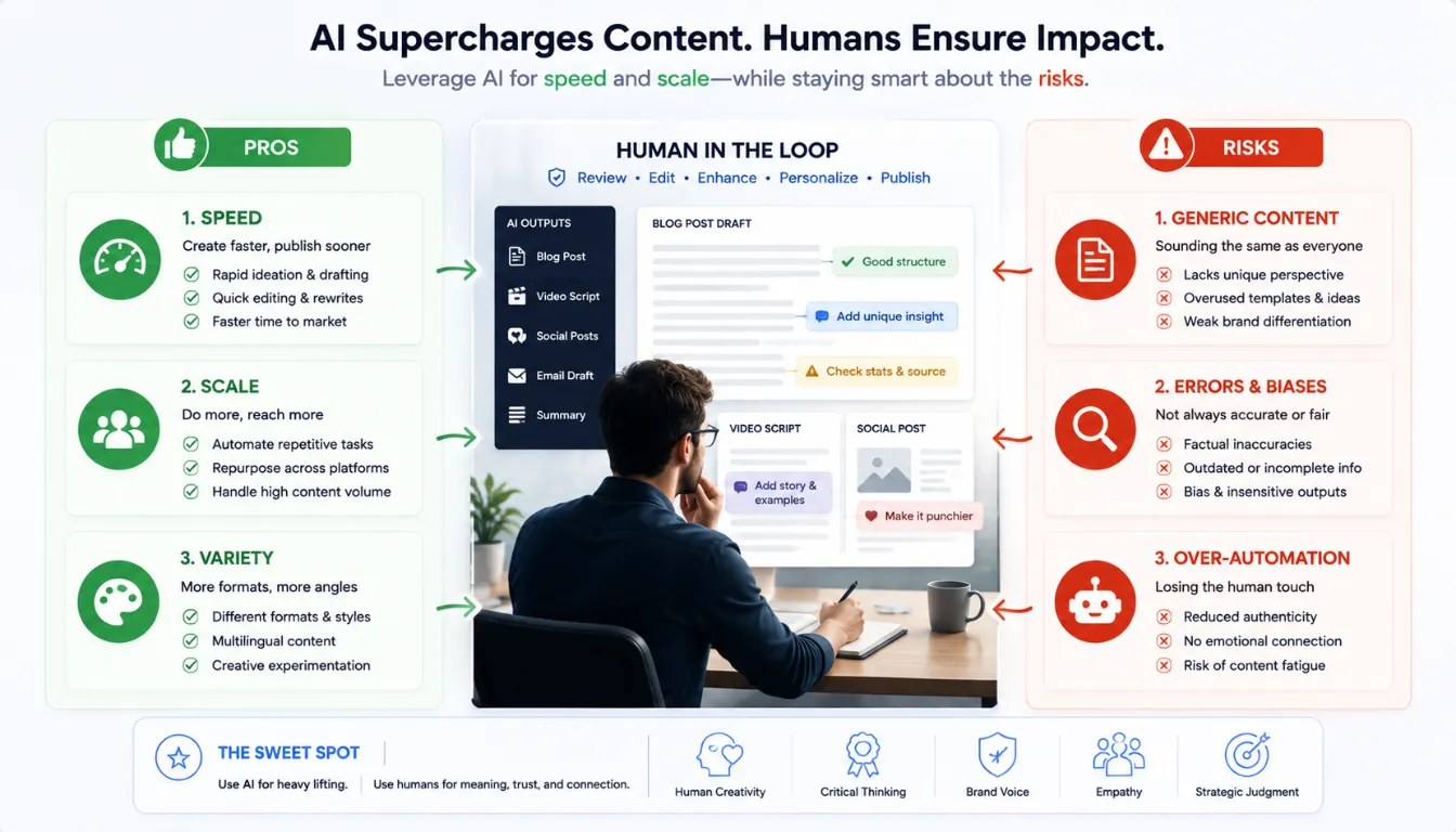 Multimodal AI Content Creation: 9 Tools for Video, Images & Docs in 2026 8 Illustration highlighting the benefits and risks of multimodal AI content creation with a human in the loop reviewing AI outputs.