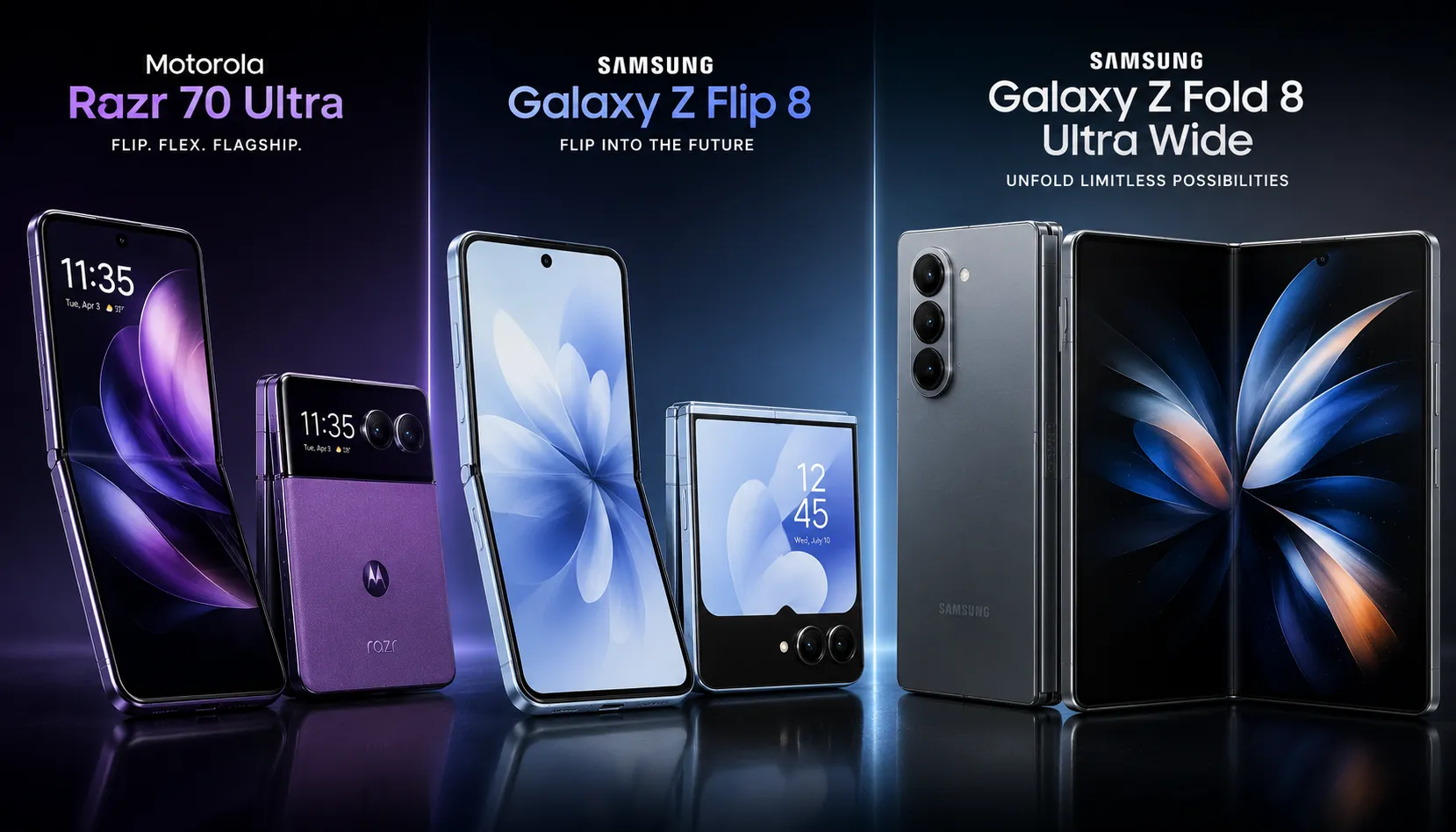 Motorola Razr 70 Ultra, Samsung Galaxy Z Flip 8 and Galaxy Z Fold 8 Ultra Wide as ultra premium July 2026 foldable flagships