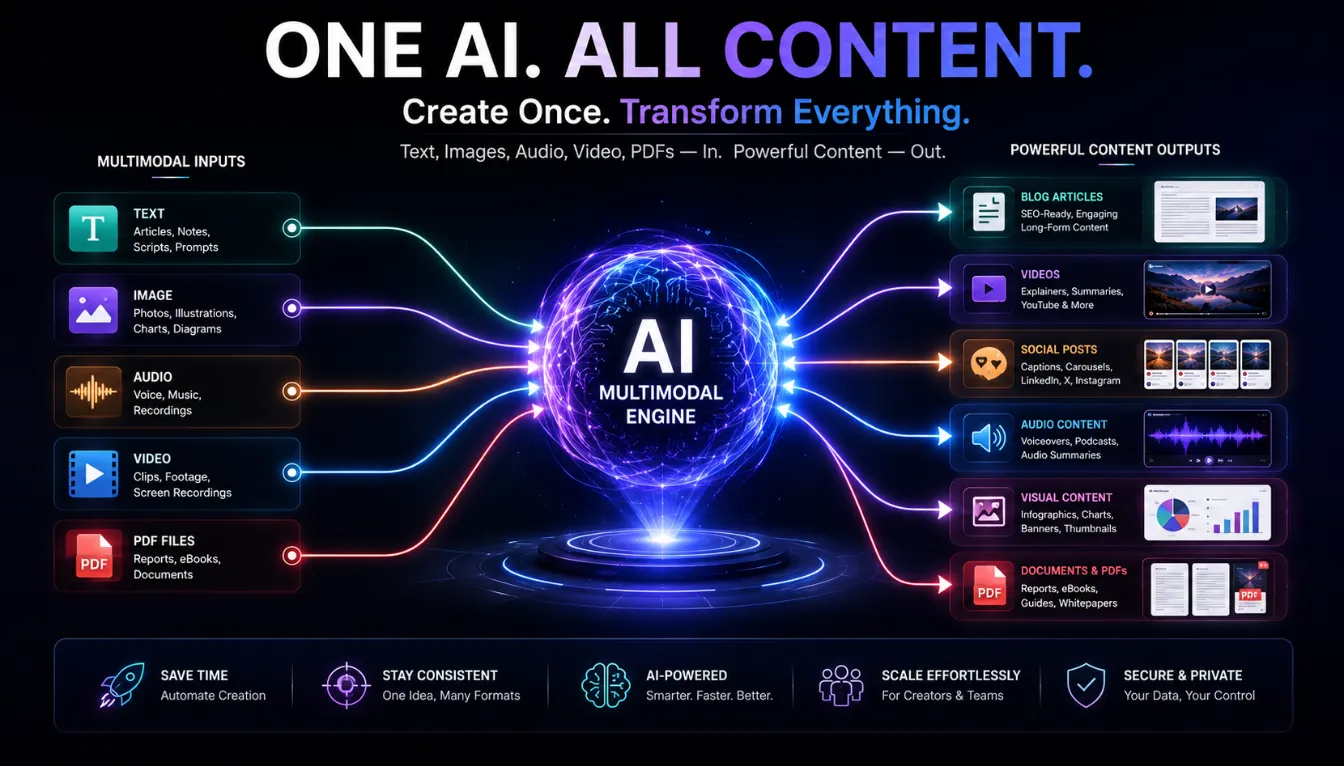 Multimodal AI Content Creation: 9 Tools for Video, Images & Docs in 2026 3 Diagram showing how multimodal AI content creation processes text, images, audio, video, and documents to generate multi‑format content.