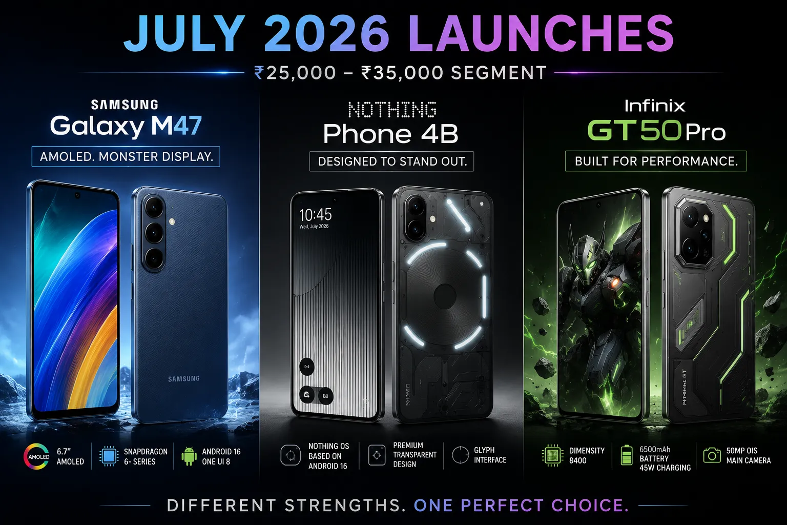 Samsung Galaxy M47, Nothing Phone 4B and Infinix GT50 Pro as midrange July 2026 launches with AMOLED displays and performance chips