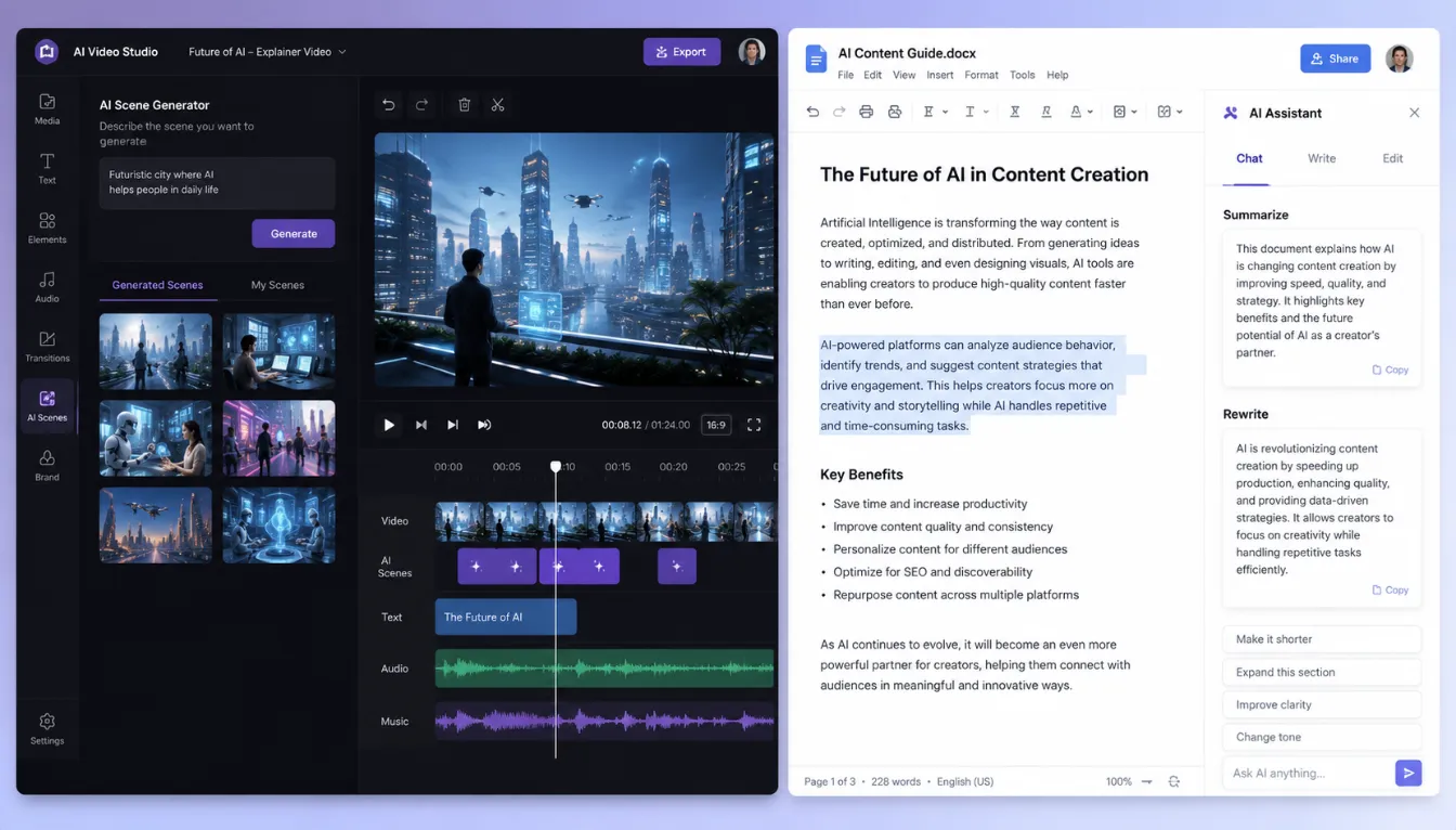 Multimodal AI Content Creation: 9 Tools for Video, Images & Docs in 2026 5 Split view of an AI video creation tool and an AI document assistant working together in a multimodal content workflow.