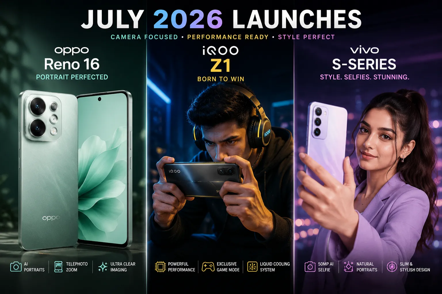 Upper midrange July 2026 phones including OPPO Reno 16 series, iQOO Z1 and Vivo S series with camera and design focus