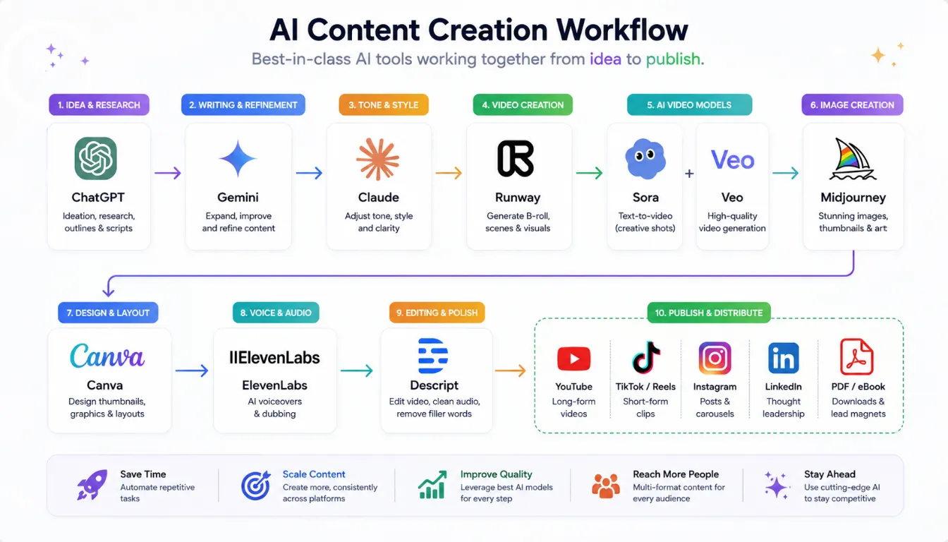 Multimodal AI Content Creation: 9 Tools for Video, Images & Docs in 2026 6 Visual overview of the best multimodal AI content creation tools in 2026 across assistants, video, design, and audio.